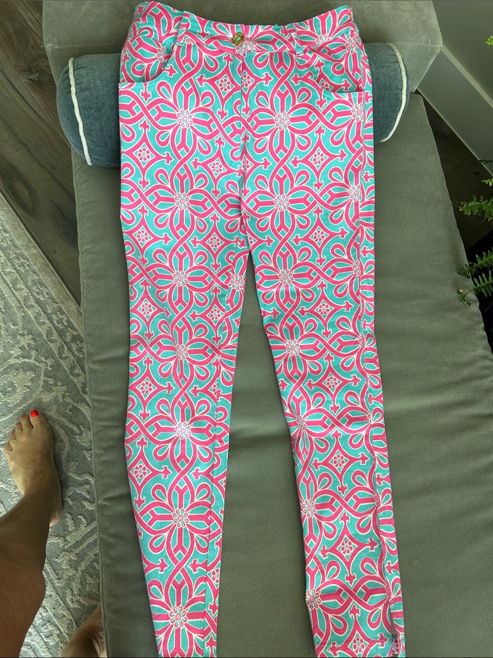 Gretchen Scott Designs Pink and Teal Geometric Floral Leggings